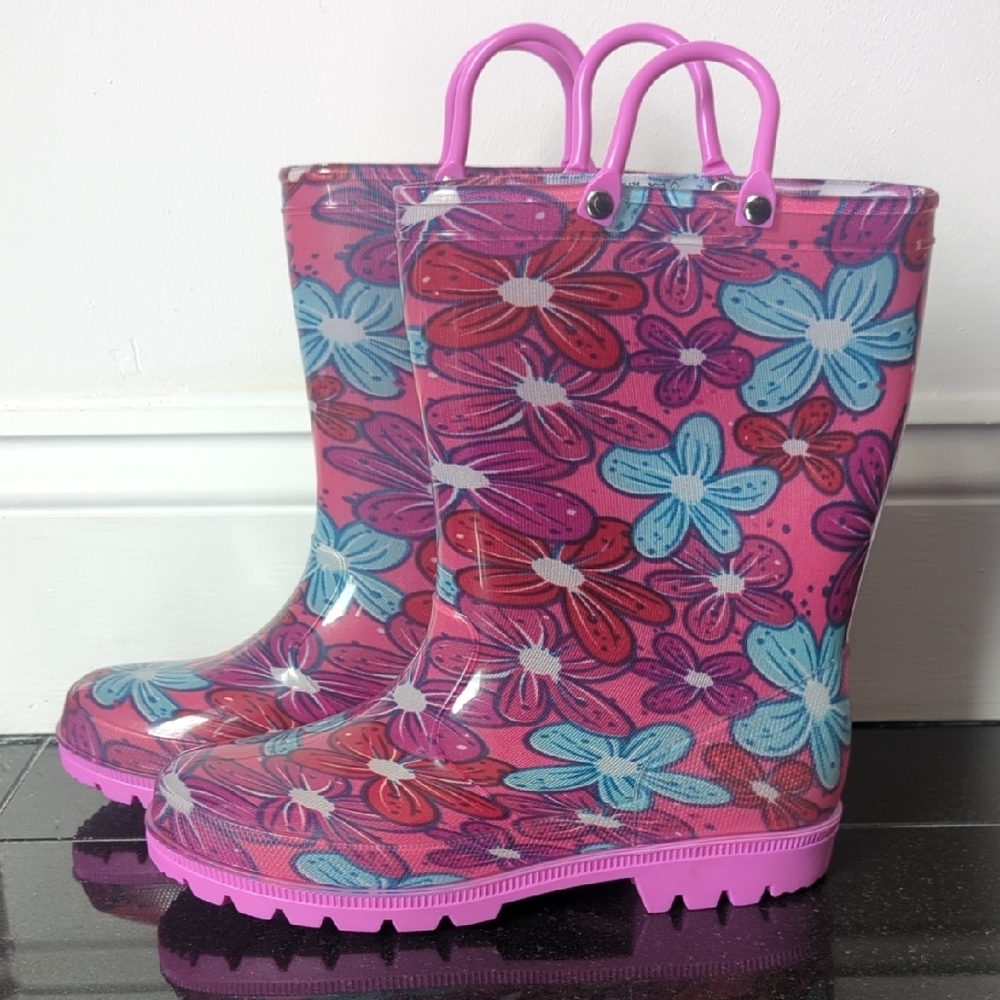 Kids Floral Pink Rain & Snow Boots with Easy Handles